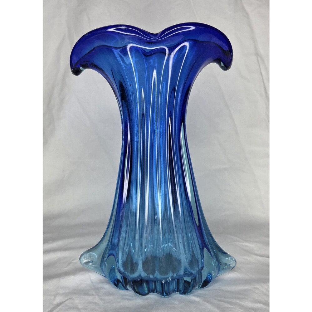 Large Vintage Mid Century Murano Mermaid Tail Blue Glass Vase No Tag & Chips